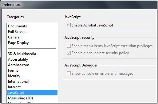 Image 1. Adobe Reader JavaScript option