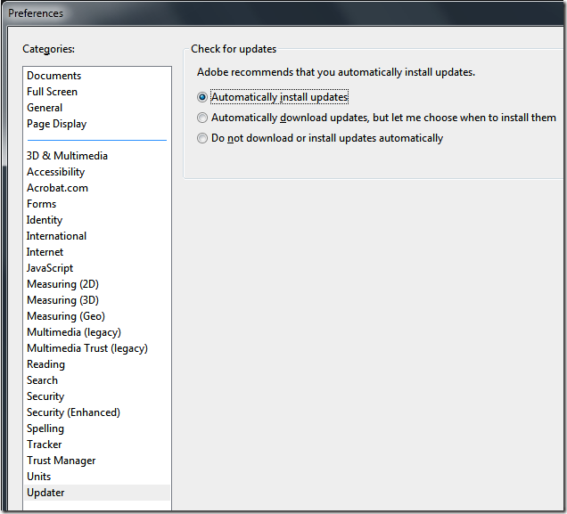 Image 4. Adobe Reader Updater Preferences