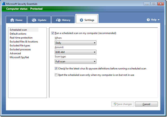 Microsoft Security Essentials Settings