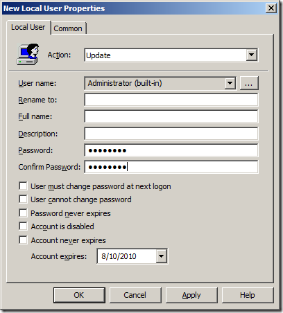 Group Policy Prefereces - New Local User Properties