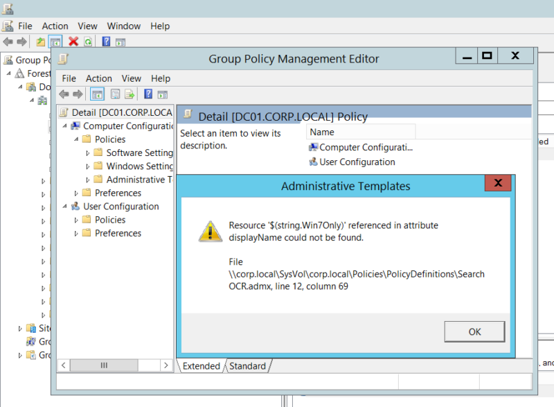 Resource '$(string.Win7Only)' referenced in attribute displayName could not be found. File \\corp.local\SysVol\corp.local\Policies\PolicyDefinitions\SearchOCR.admx, line 12, column 69